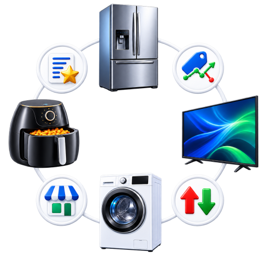 Home appliances reviewed on Alagheza with review, price, store and price-trend icons